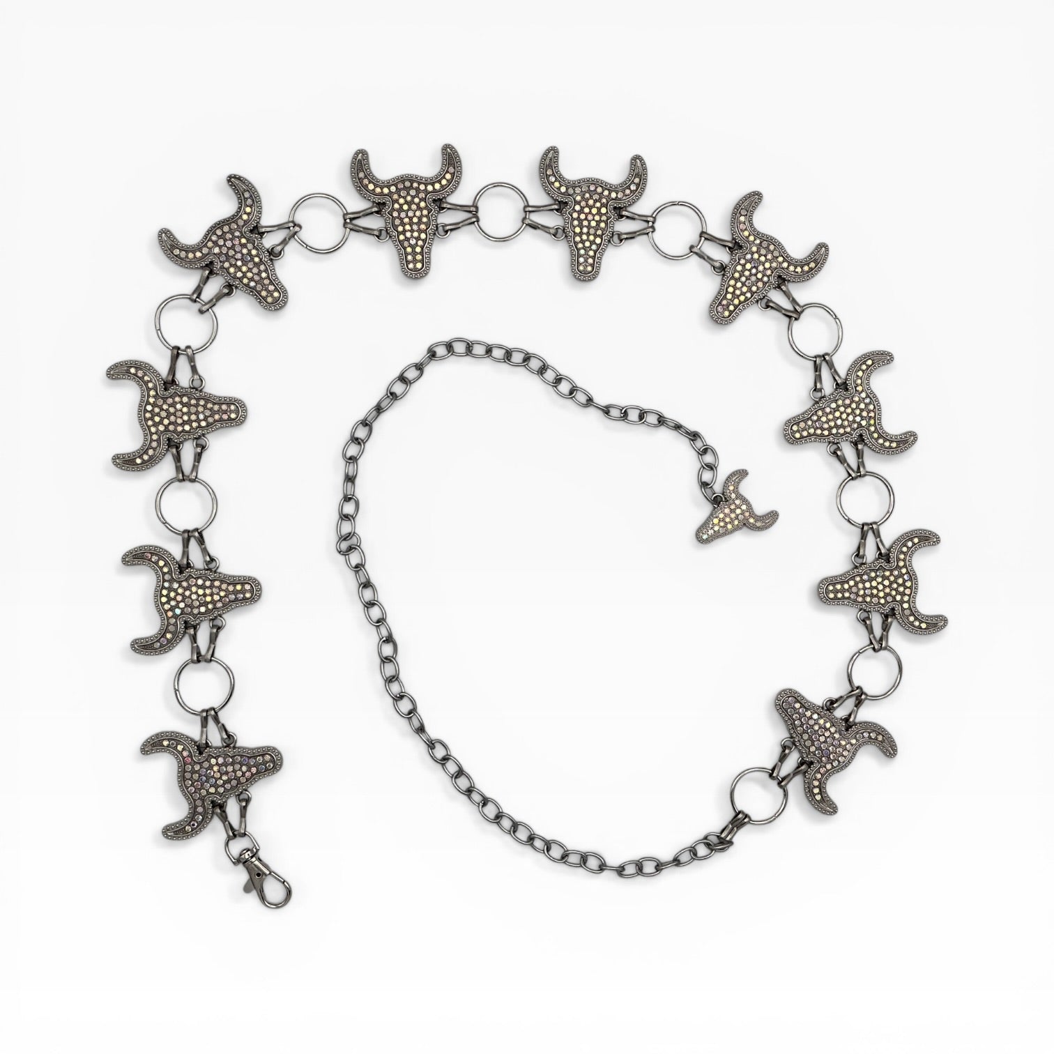 Smoke Silver rhinestone longhorn skull concho chain belt with alternating longhorn charms.