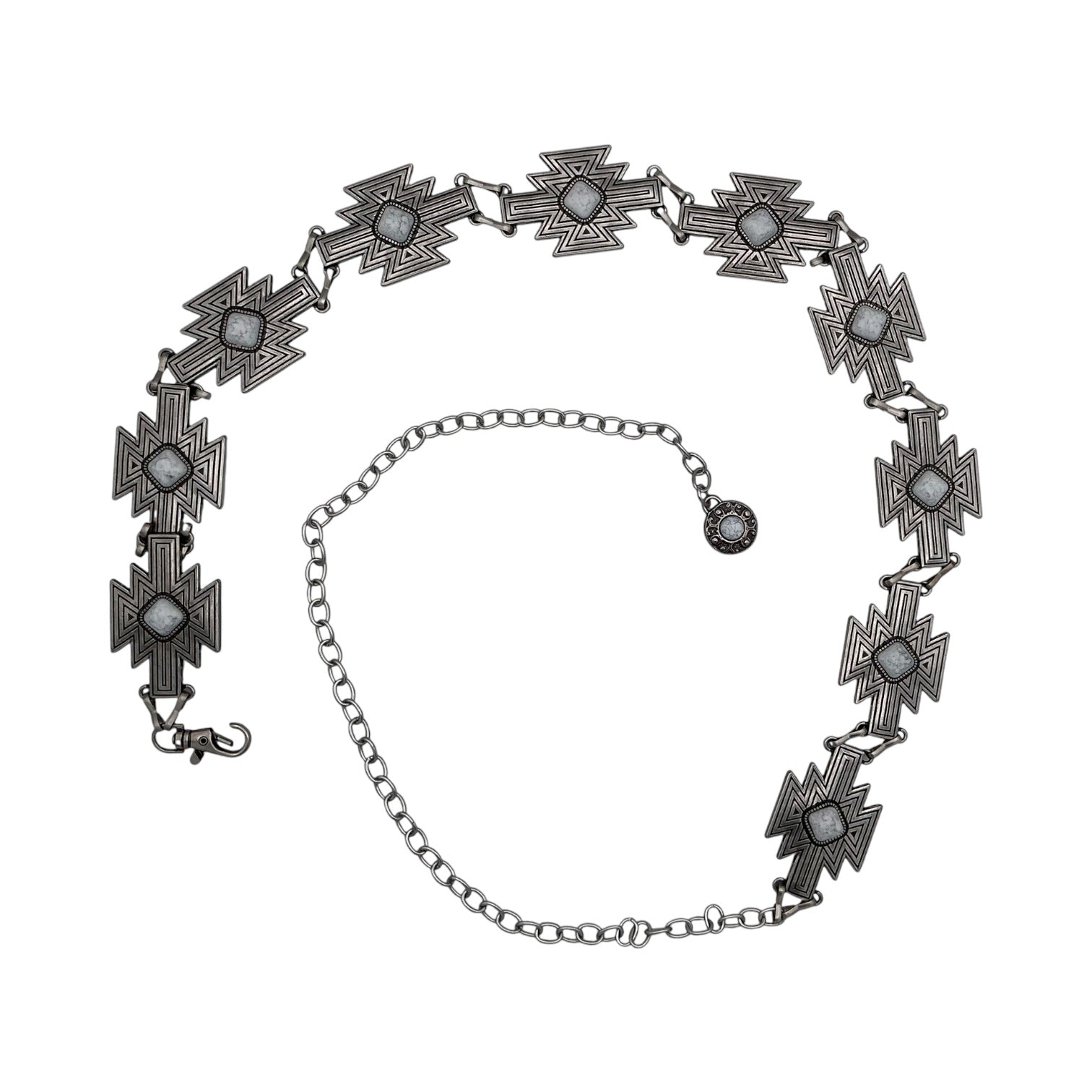 Silver Aztec Cross Concho Chain Belt with white opal center stones and adjustable chain.