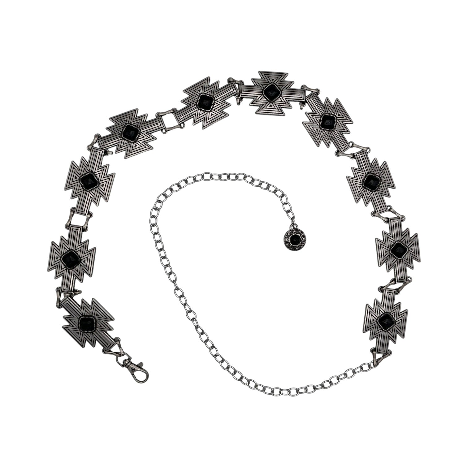 Aztec Cross Concho Chain Belt with deeply engraved geometric patterns and black onyx center stones.