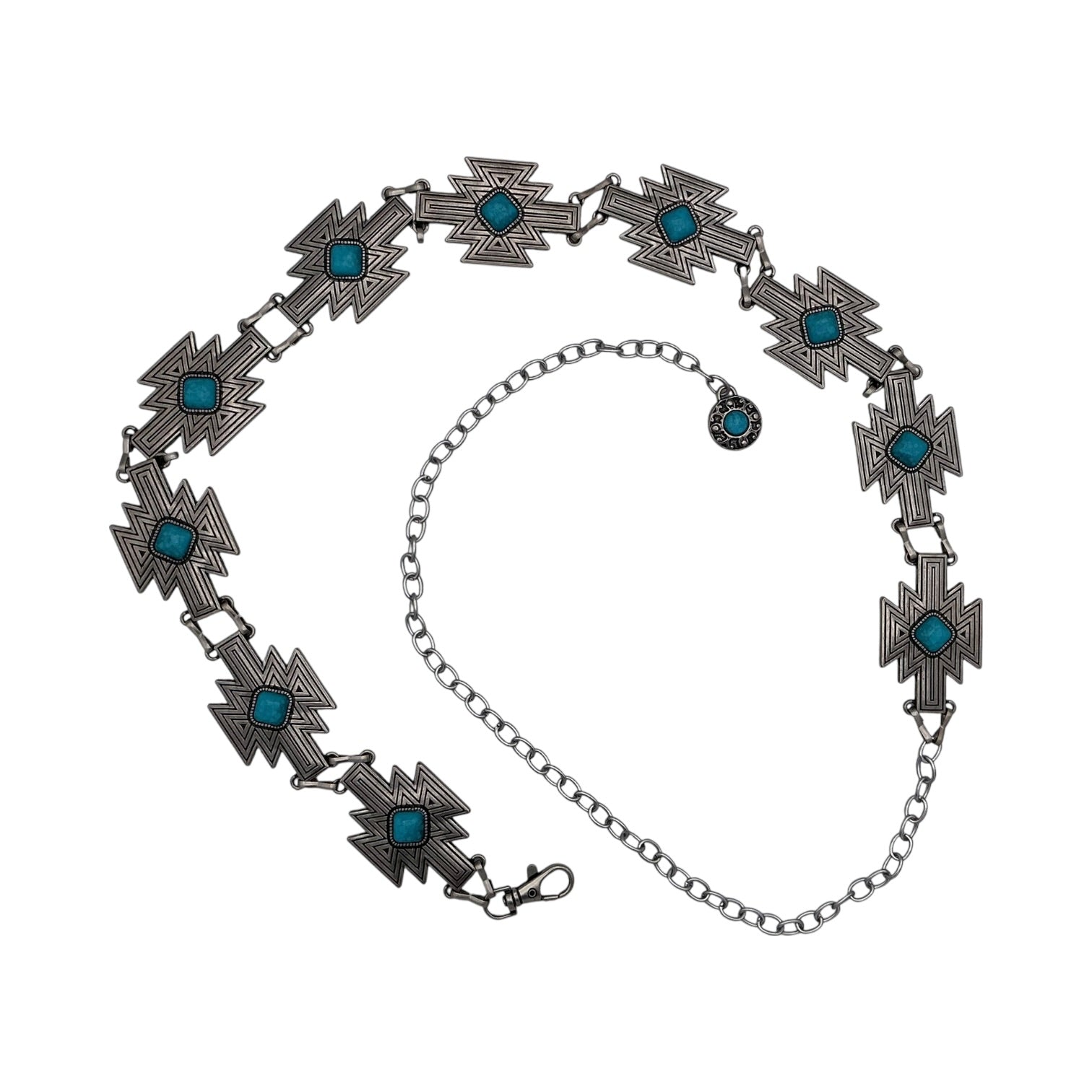 Silver Aztec Cross Concho Chain Belt with turquoise center stones and adjustable chain.