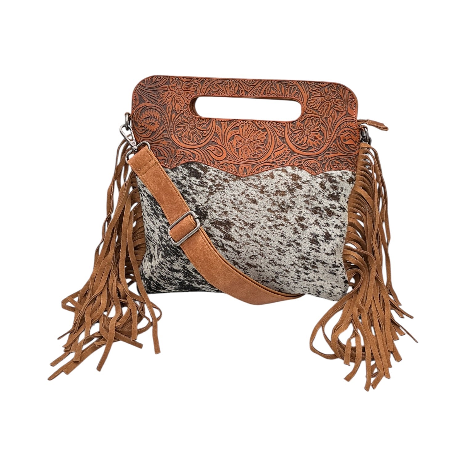Cowhide Floral Tooled Tan Leather Fringe Crossbody Bag