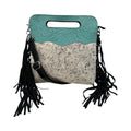 Cowhide Floral Tooled Turquoise Leather Fringe Crossbody Bag