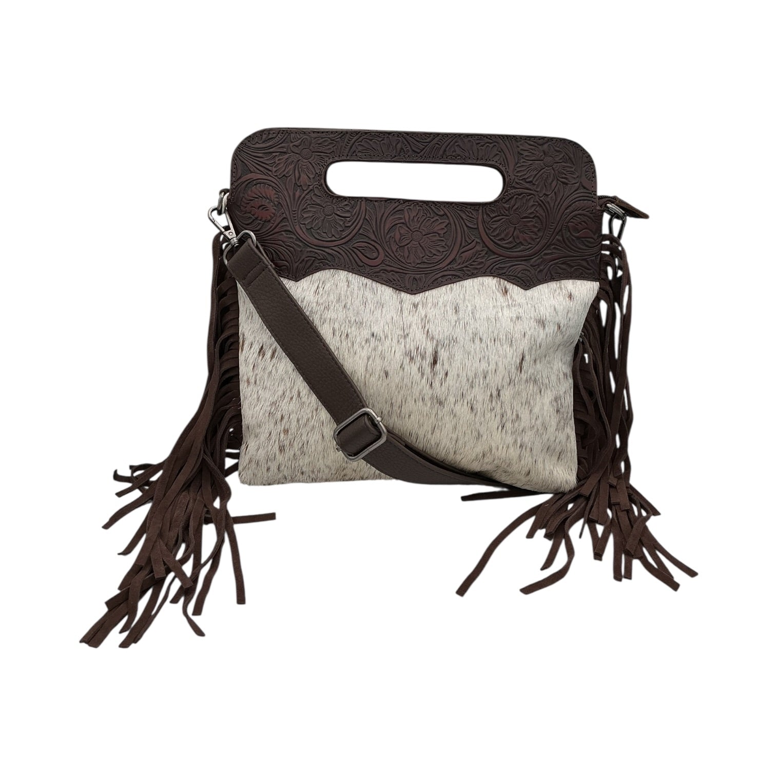 Cowhide Floral Tooled Dark Brown Leather Fringe Crossbody Bag