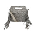 Cowhide Floral Tooled Silver Grey Leather Fringe Crossbody Bag