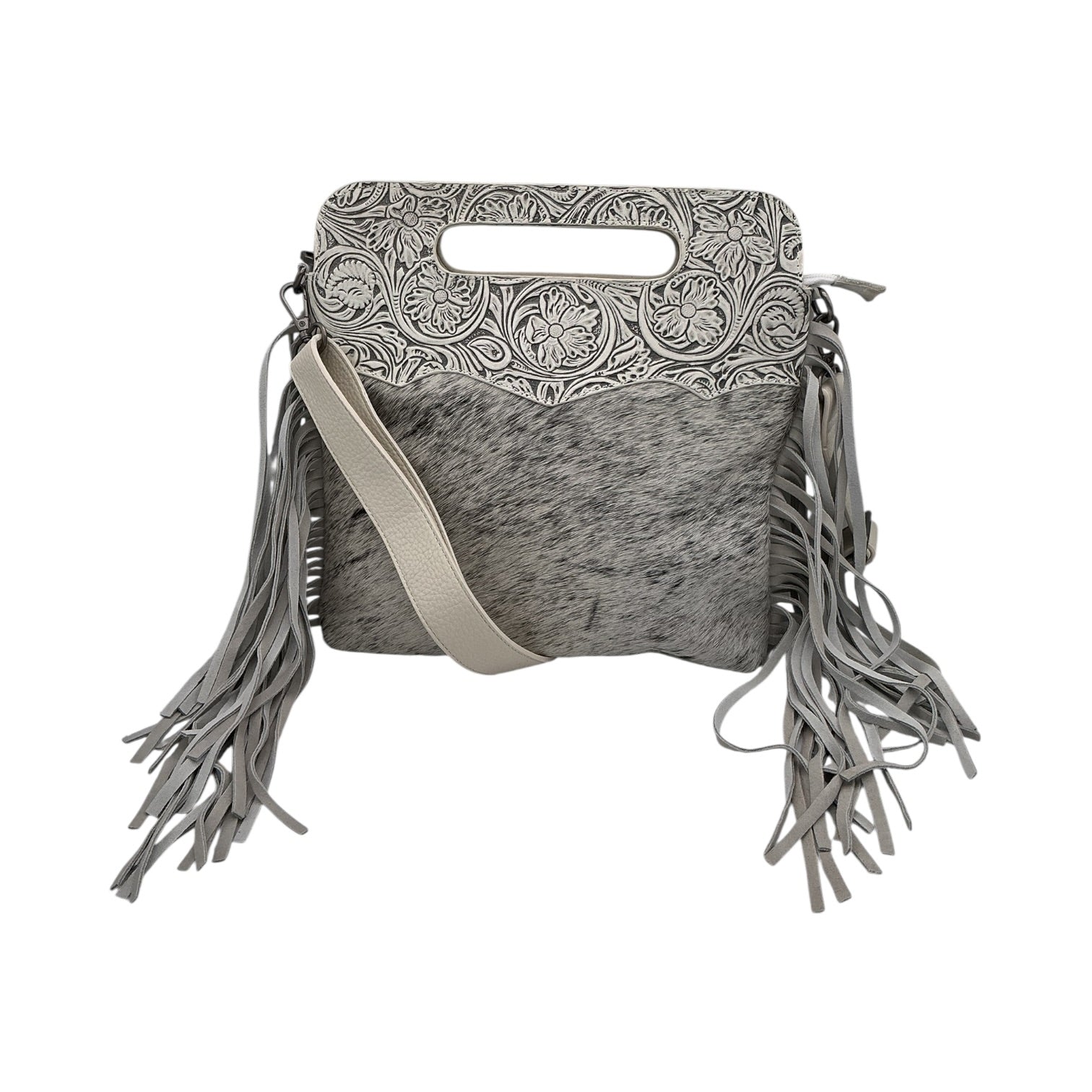 Cowhide Floral Tooled Silver Grey Leather Fringe Crossbody Bag