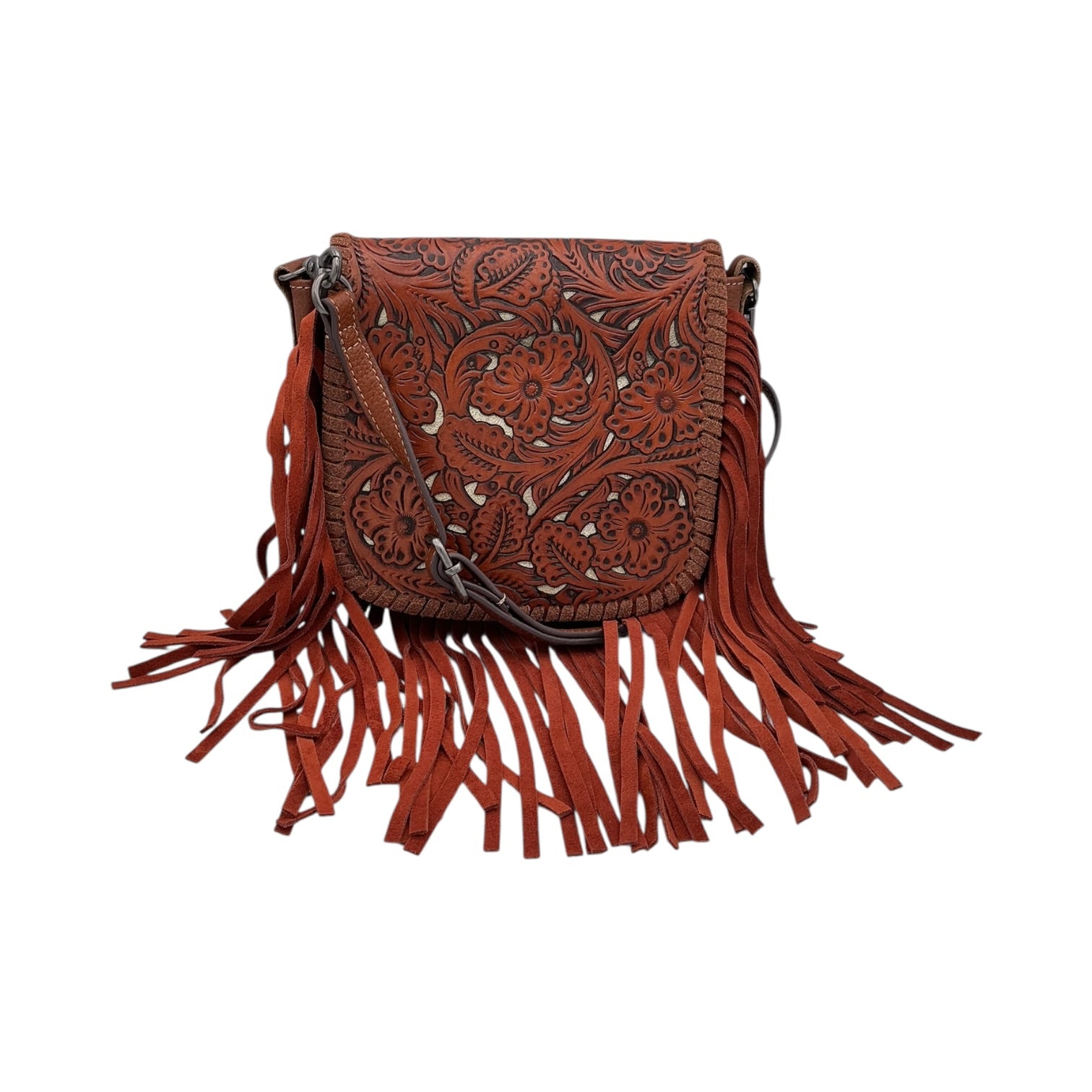 Hand-Tooled Leather Fringe Crossbody Bag