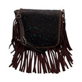 Hand-Tooled Leather Fringe Crossbody Bag - Dark Brown & Turquoise