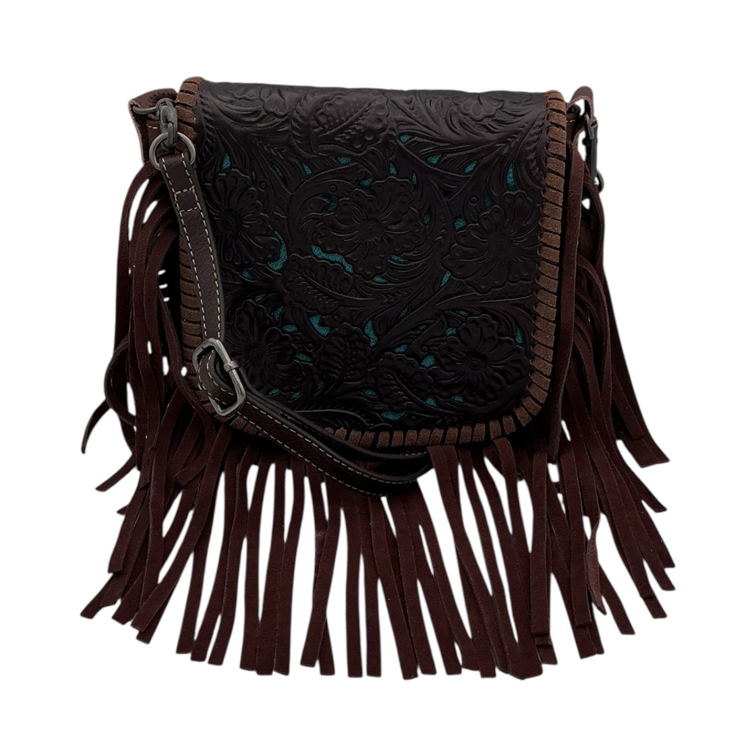 Hand-Tooled Leather Fringe Crossbody Bag - Dark Brown & Turquoise