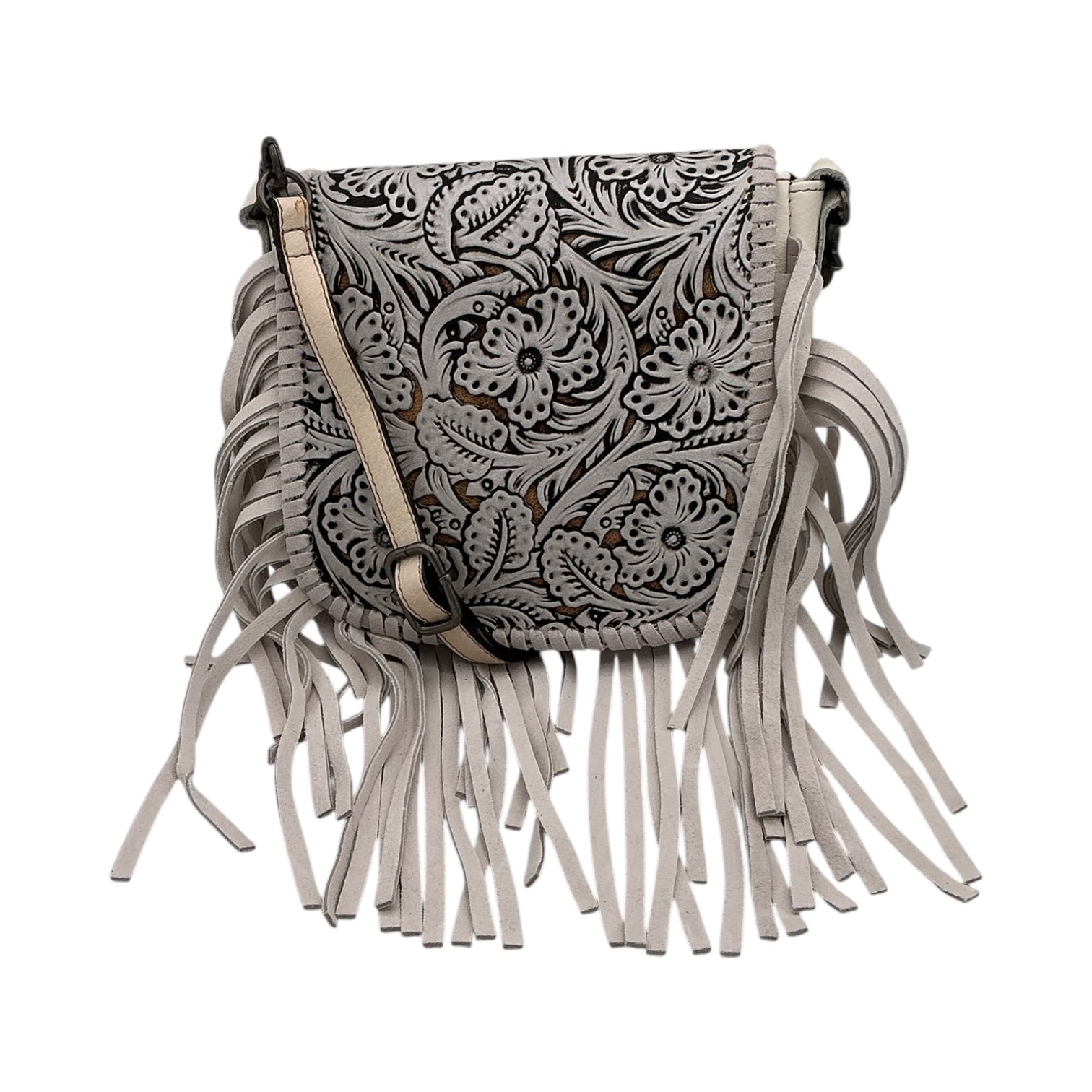 Hand-Tooled Leather Fringe Crossbody Bag - Cream