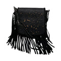Hand-Tooled Leather Fringe Crossbody Bag - Black