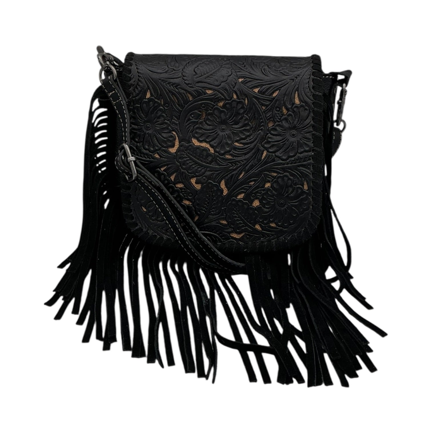 Hand-Tooled Leather Fringe Crossbody Bag - Black