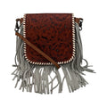 Hand-Tooled Leather Crossbody Bag with Gray Fringe - Brown