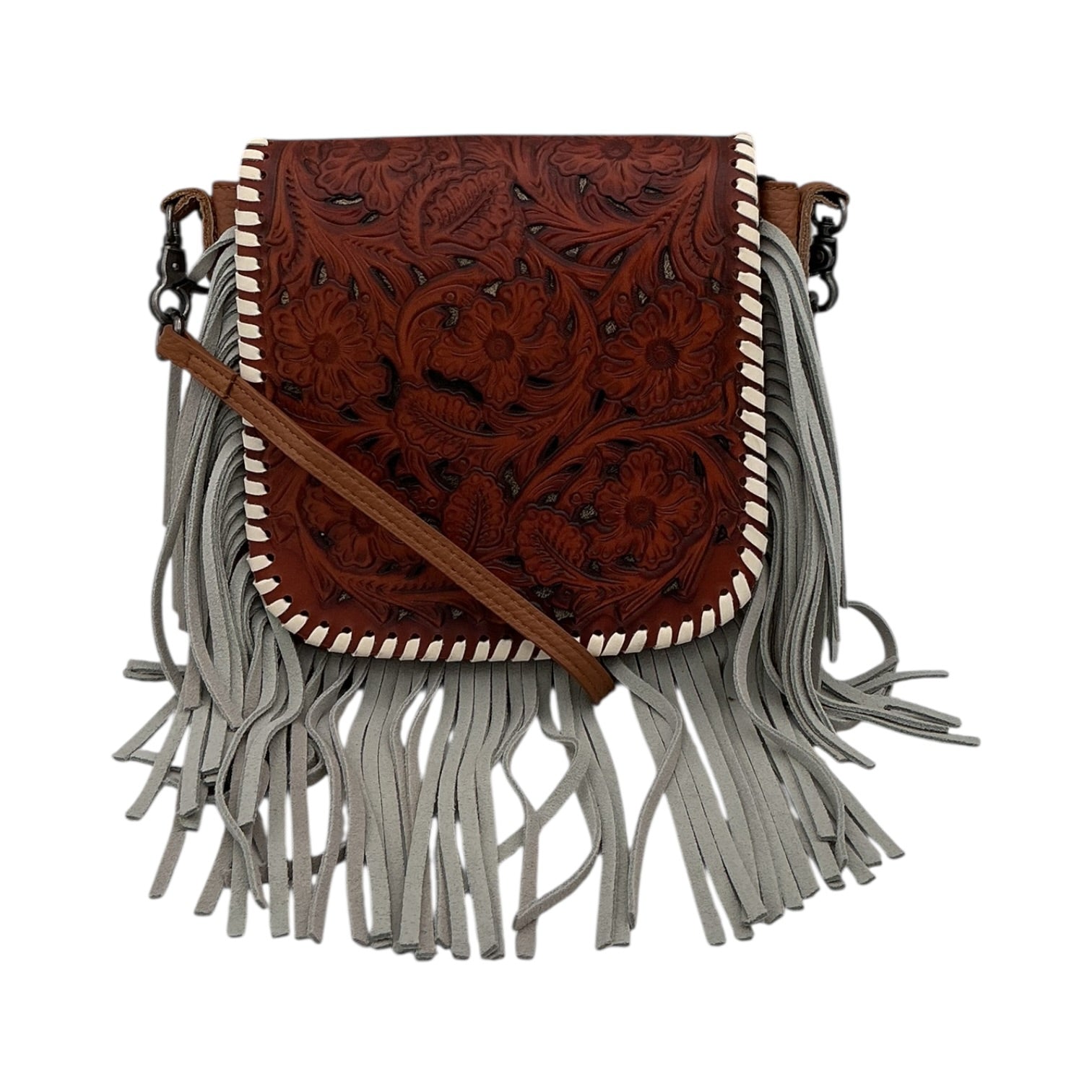 Hand-Tooled Leather Crossbody Bag with Gray Fringe - Brown
