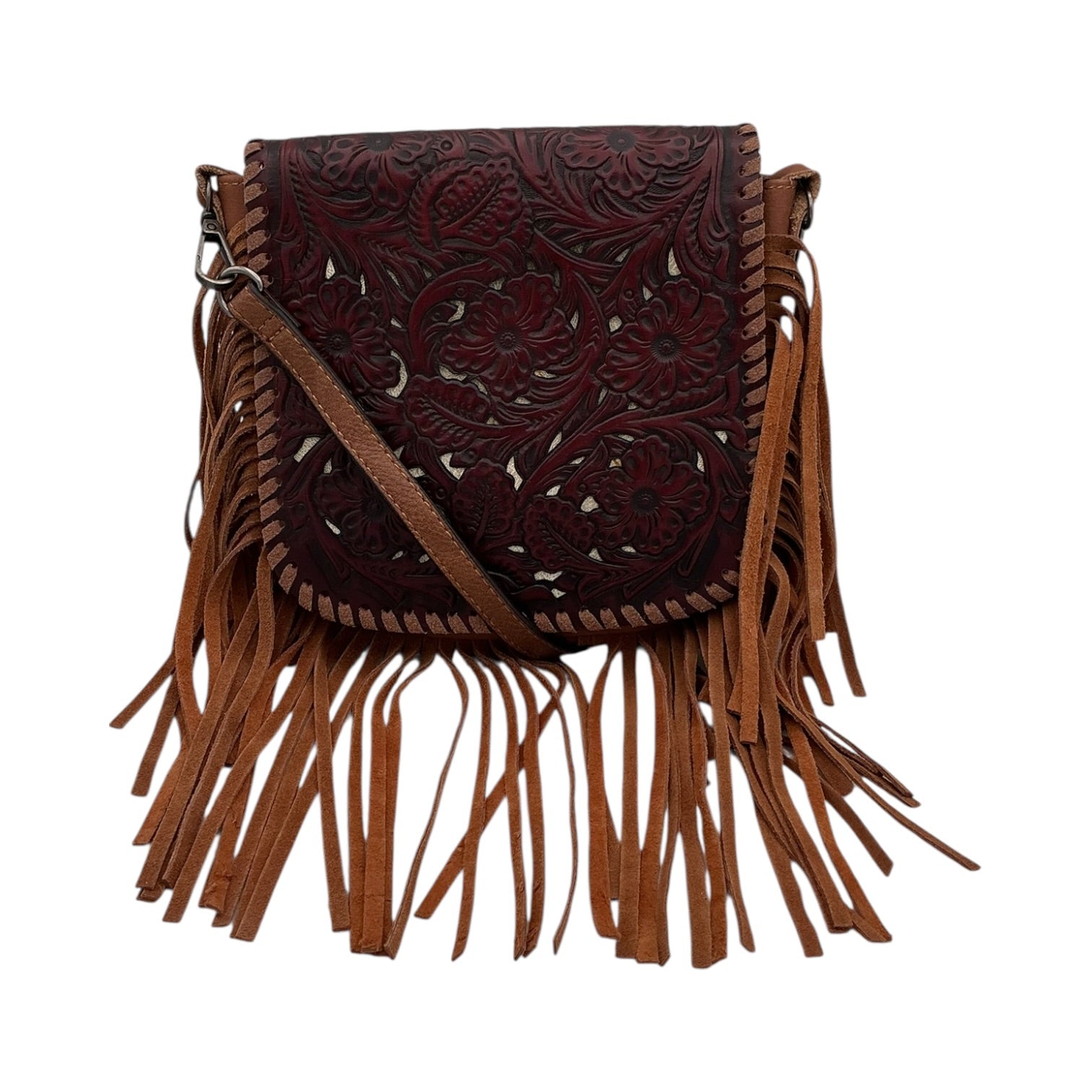 Hand-Tooled Leather Crossbody Bag with Tan Fringe - Dark Brown