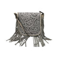 Hand-Tooled Leather Crossbody Bag with Gray Fringe - Cream