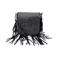 Hand-Tooled Leather Crossbody Bag with Black Fringe - Black