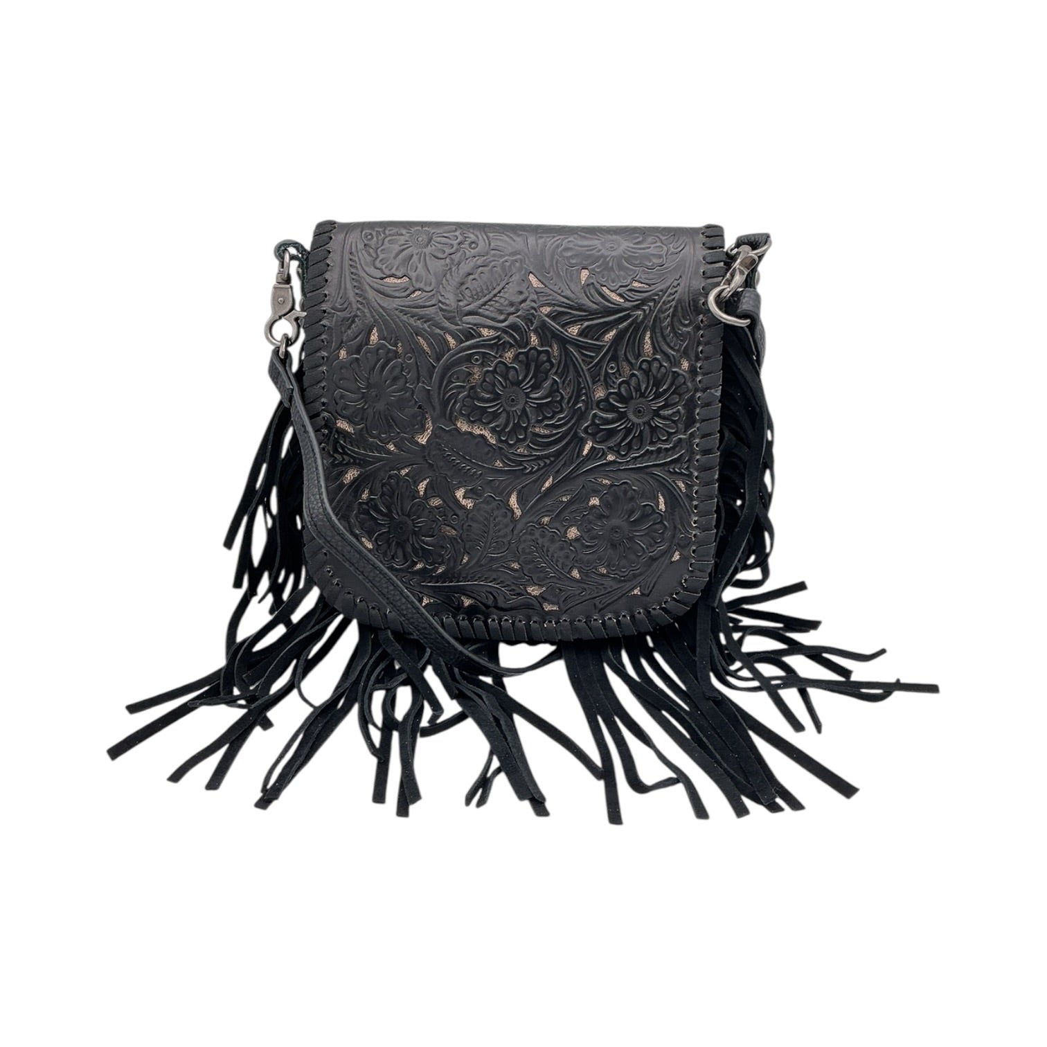 Hand-Tooled Leather Crossbody Bag with Black Fringe - Black