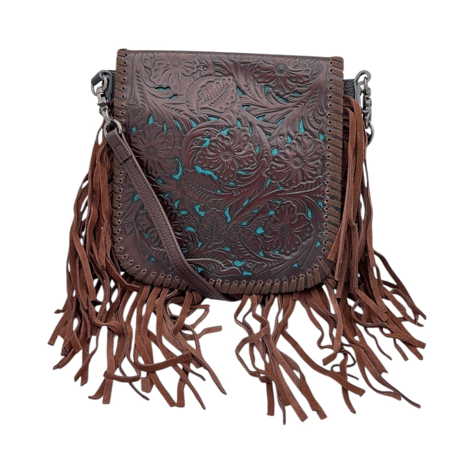 Hand-Tooled Leather Crossbody Bag with Brown Fringe - Dark Brown & Turquoise