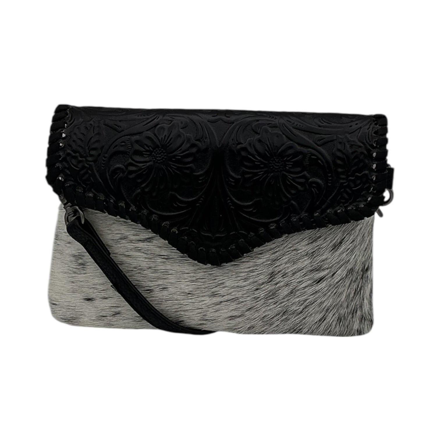 Hand-Tooled Leather & Cowhide Envelope Clutch Crossbody - Black & Gray