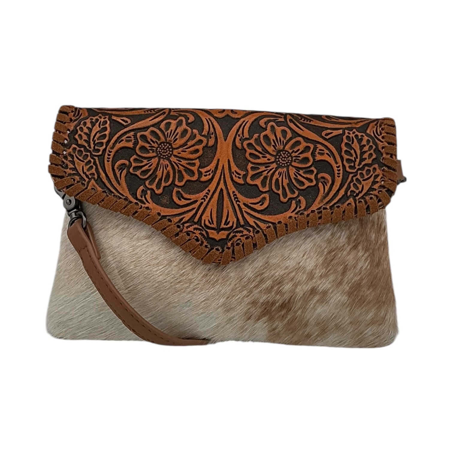 Hand-Tooled Leather & Cowhide Envelope Clutch Crossbody - Tan & Natural