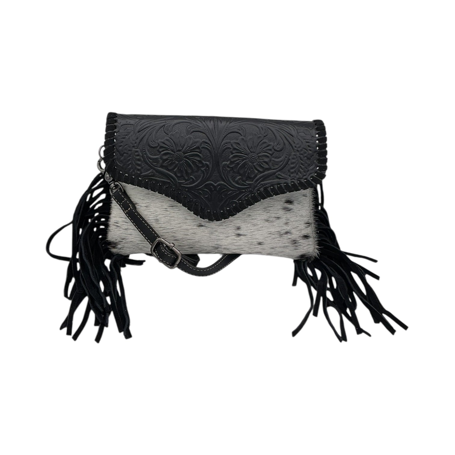 Black Tooled Leather & Cowhide Fringe Crossbody Bag