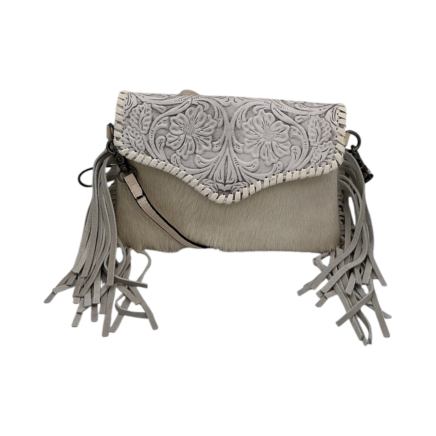 Cream Tooled Leather & Cowhide Fringe Crossbody Bag