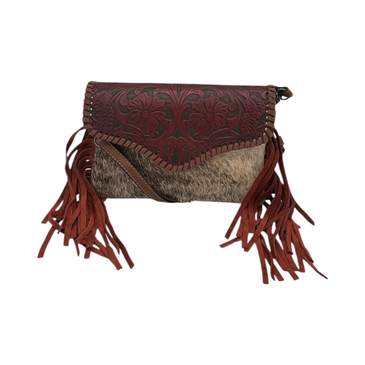 Brown Tooled Leather & Cowhide Fringe Crossbody Bag