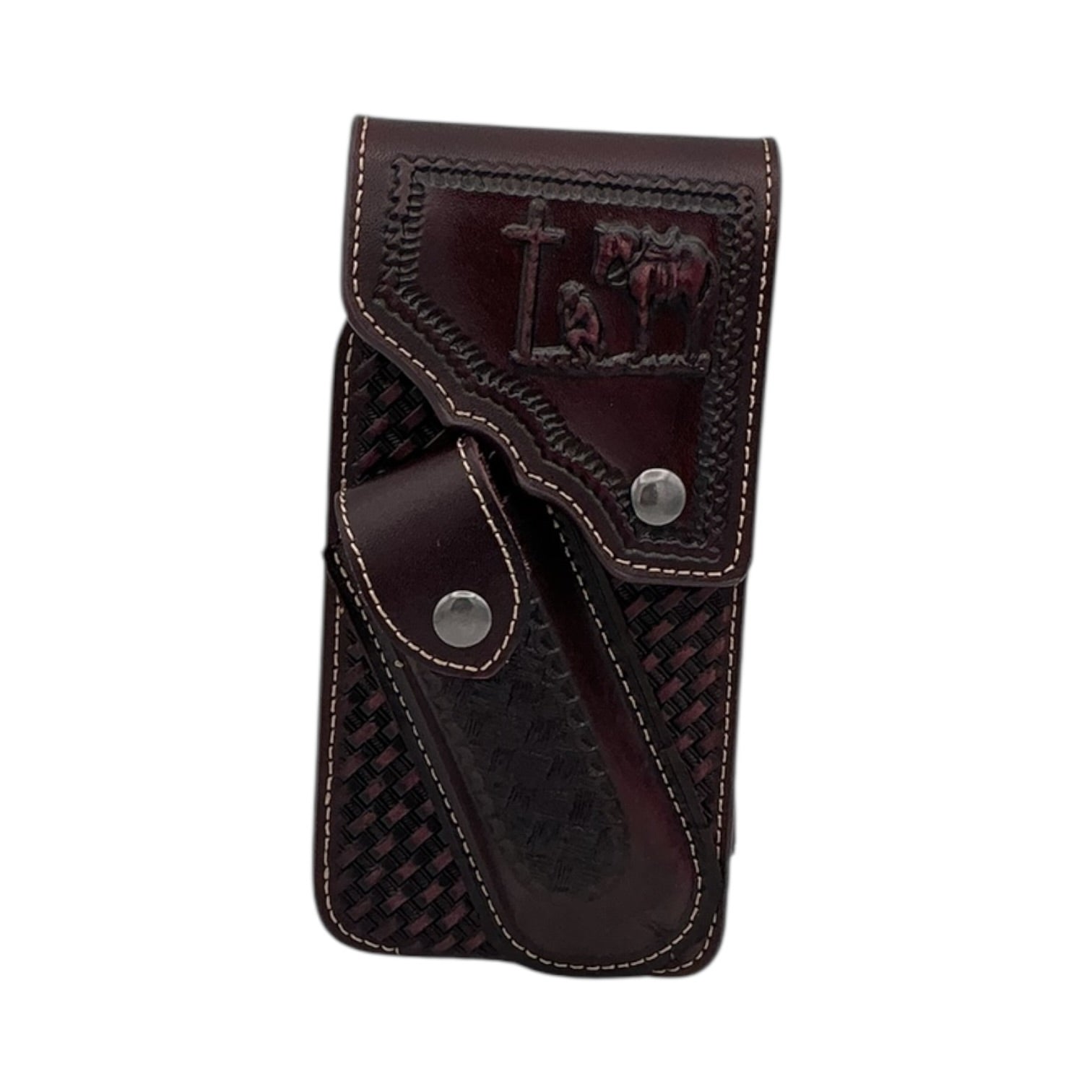Hand-Tooled Leather Phone Case with Knife Pocket - XL