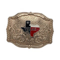 Gold-tone Texas flag buckle with black, white, red state shape, "TEXAS" lettering, and ornate filigree border.