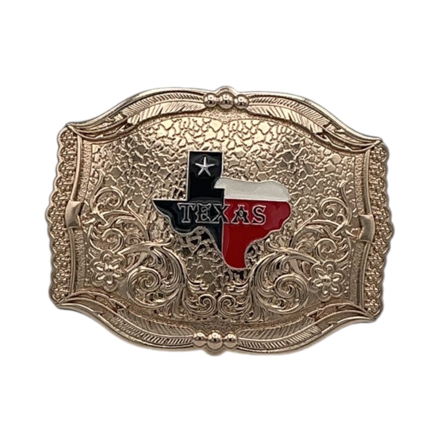 Gold-tone Texas flag buckle with black, white, red state shape, "TEXAS" lettering, and ornate filigree border.