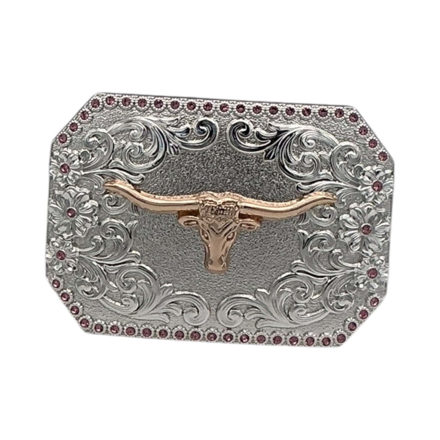 Silver western buckle with gold longhorn skull, engraved scrollwork, and rose pink rhinestone border.