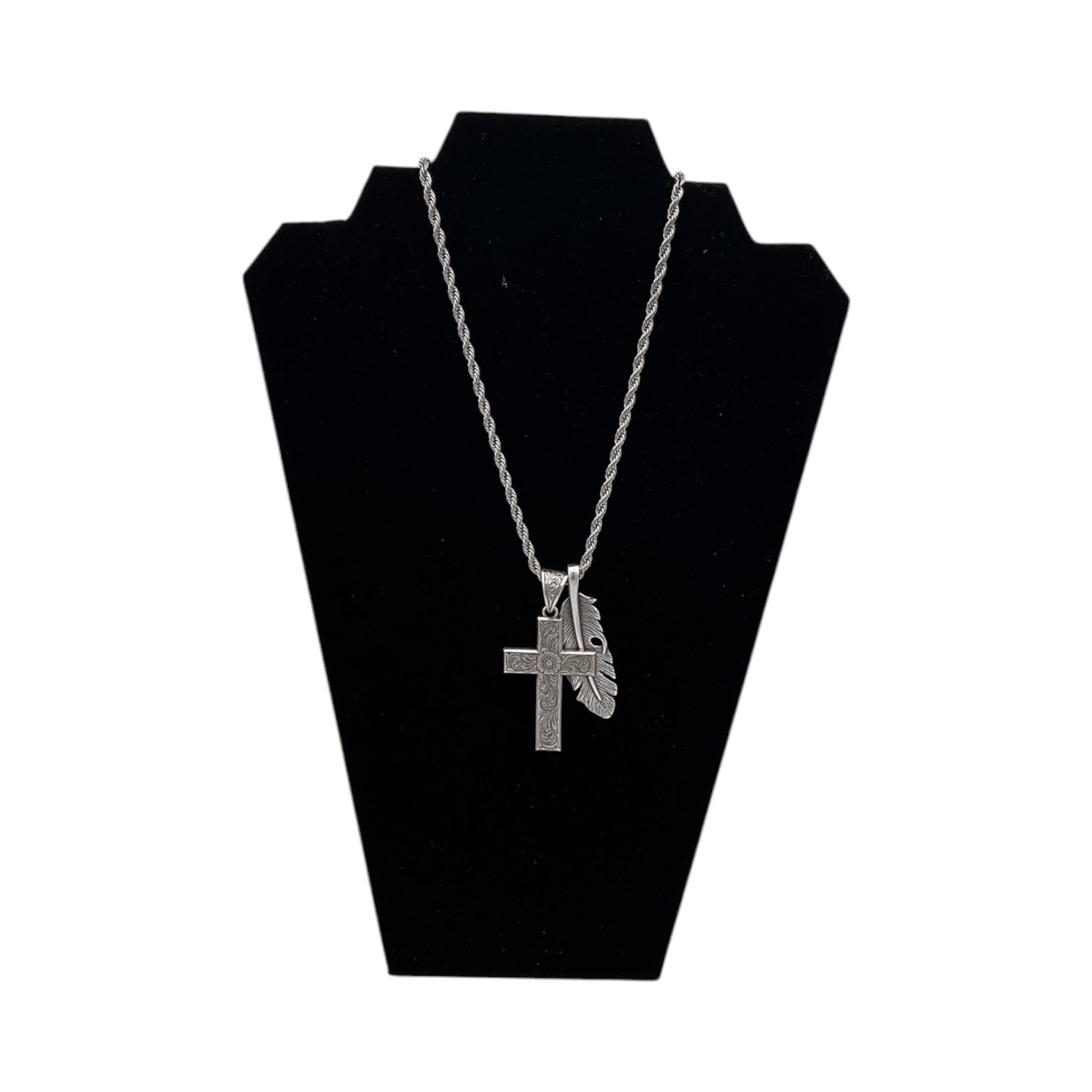 TWISTER MENS NECKLACE CROSS AND FEATHER