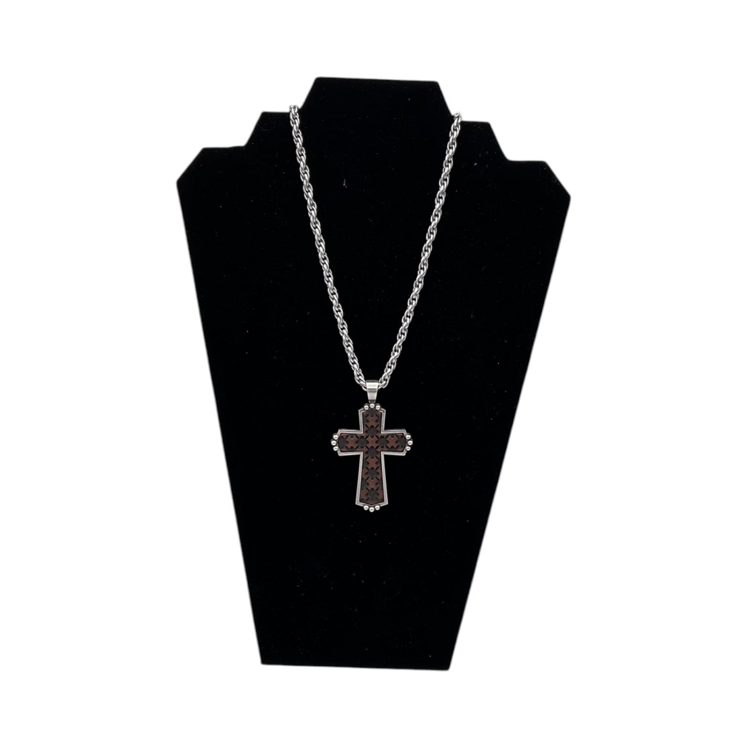 SILVER STRIKE MENS NECKLACE 24" LEATHER CROSS BROWN
