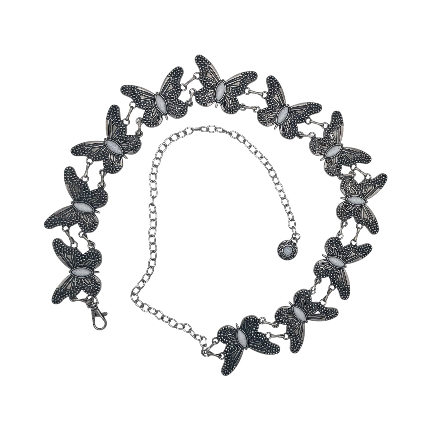 Antique silver butterfly concho chain belt with stone inlay centers and adjustable lobster clasp.