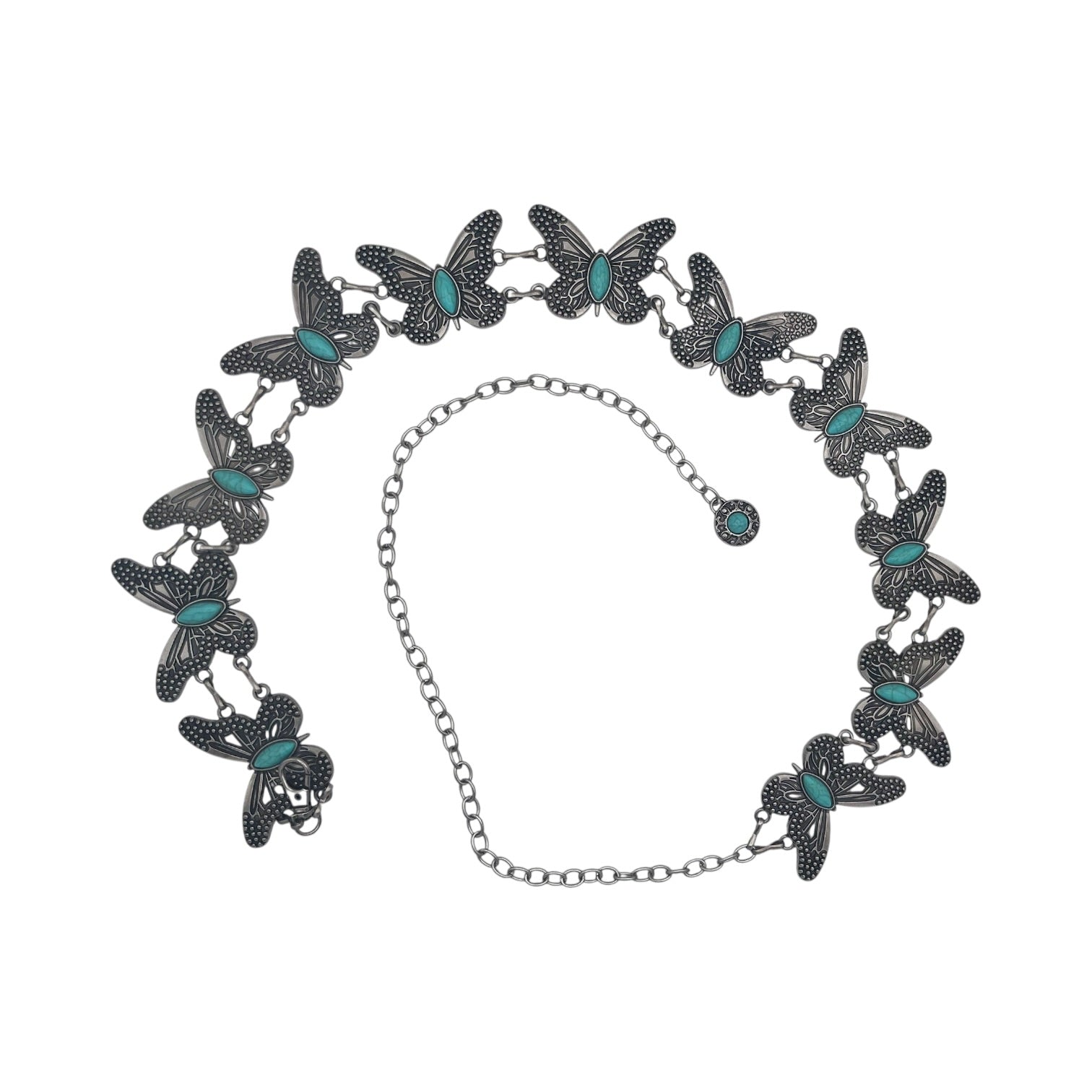 Antique silver butterfly concho chain belt with turquoise stone inlay centers and adjustable closure.