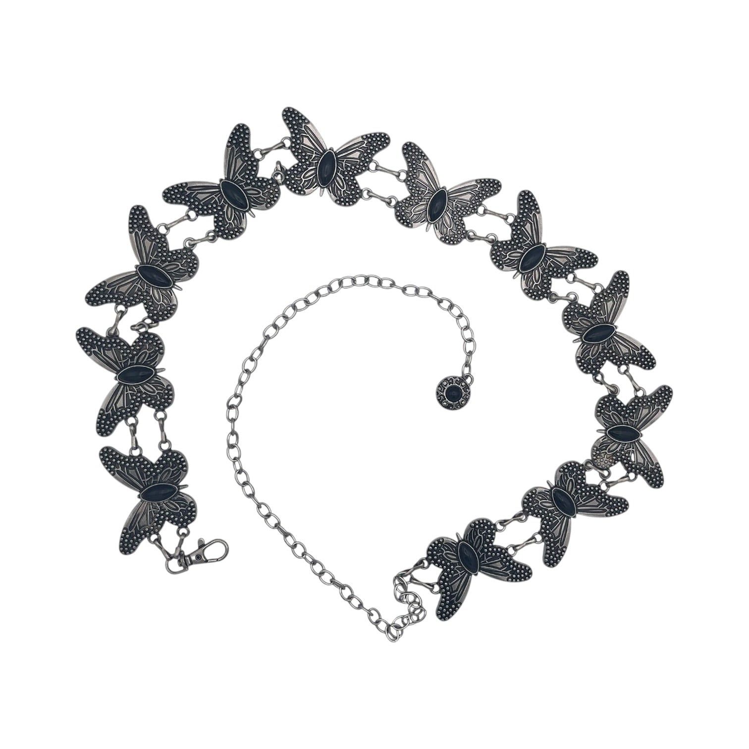 Antique silver butterfly concho chain belt with stone inlay, adjustable lobster clasp.