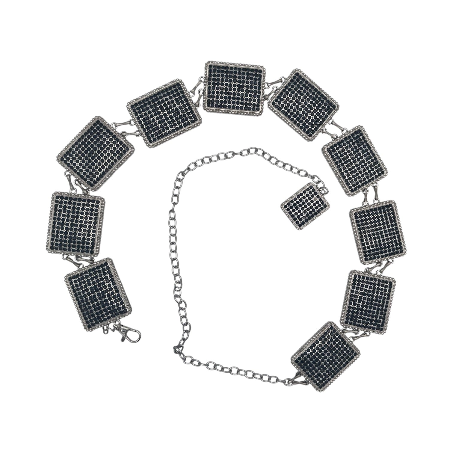 Silver chain belt with square black rhinestone conchos and beaded borders.