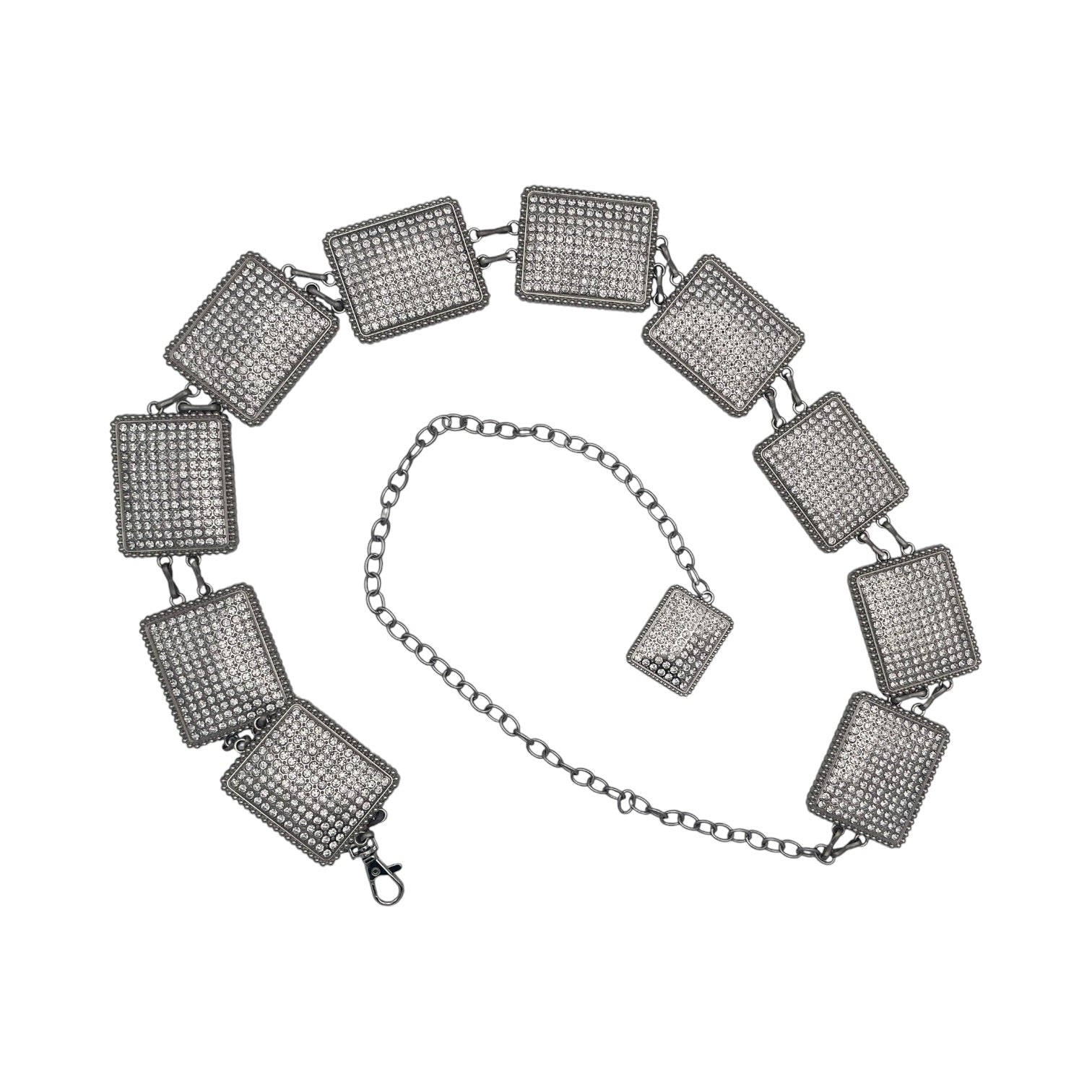 Silver chain belt with square rhinestone-studded conchos and beaded edges.