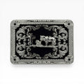 Silver-tone Cowboy Prayer Midnight Buckle with kneeling cowboy, horse, cross, and western scrollwork on a black background.