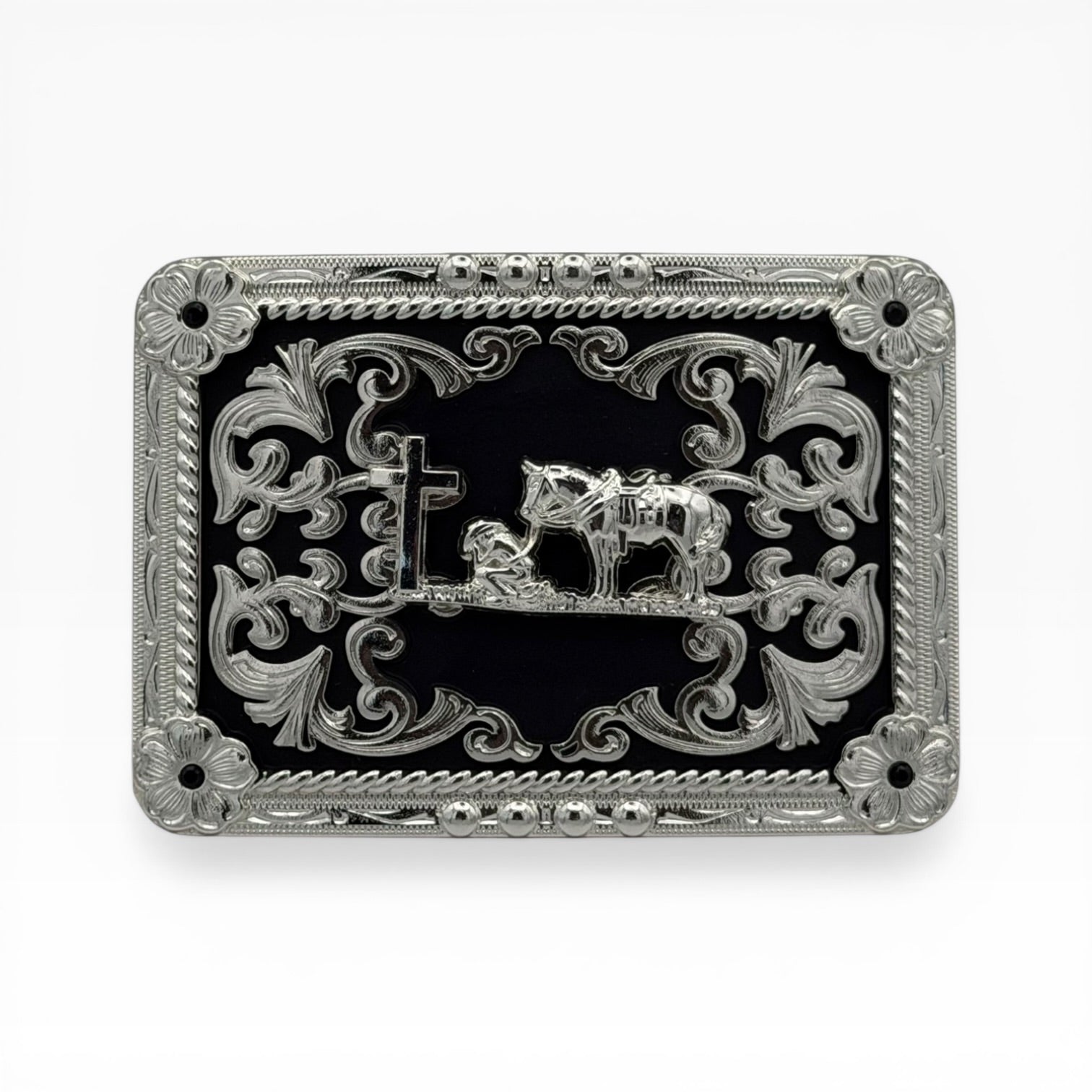 Silver-tone Cowboy Prayer Midnight Buckle with kneeling cowboy, horse, cross, and western scrollwork on a black background.