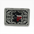 Silver tone Texas Lone Star Flag Midnight Buckle with black background and scrollwork.