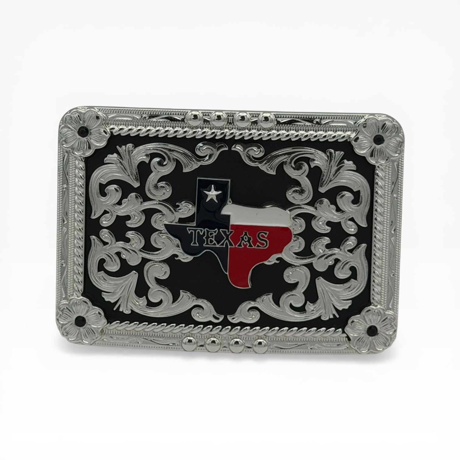 Silver tone Texas Lone Star Flag Midnight Buckle with black background and scrollwork.