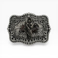 Gunmetal buckle with San Judas Tadeo, staff, sacred image, flames, scrollwork, and beaded border.