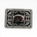 Silver Four Aces Midnight Buckle with red hearts, black background, and western scrollwork.