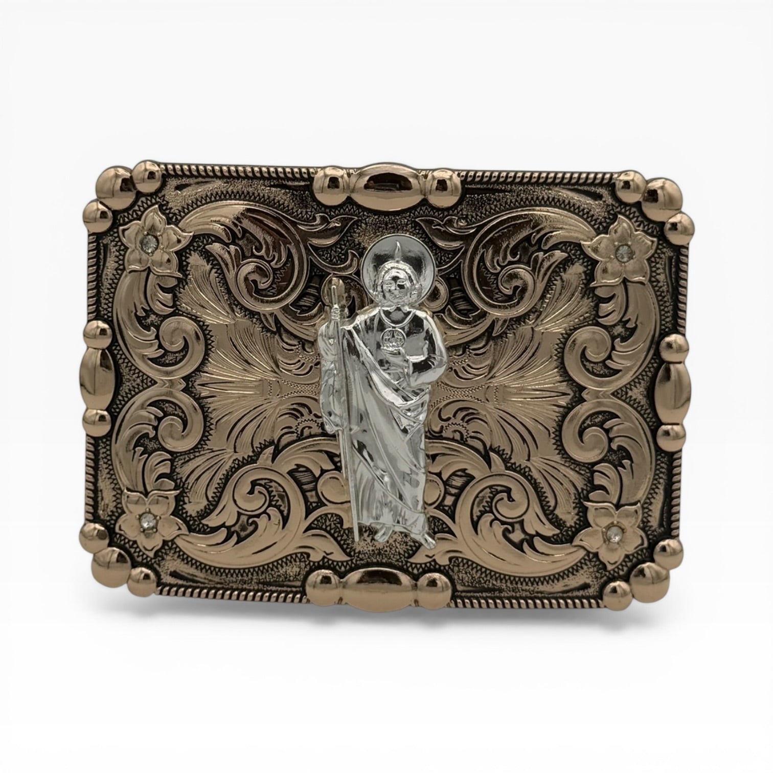 Antique gold San Judas Tadeo buckle with silver figure, scrollwork, crystal flowers, and beaded border.