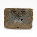 Gold-tone Four Aces belt buckle with western scrollwork, crystal accents, and a beaded border.