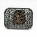 Silver buckle with gold-tone 50 Pesos Centenario coin replica featuring the winged Angel of Independence.