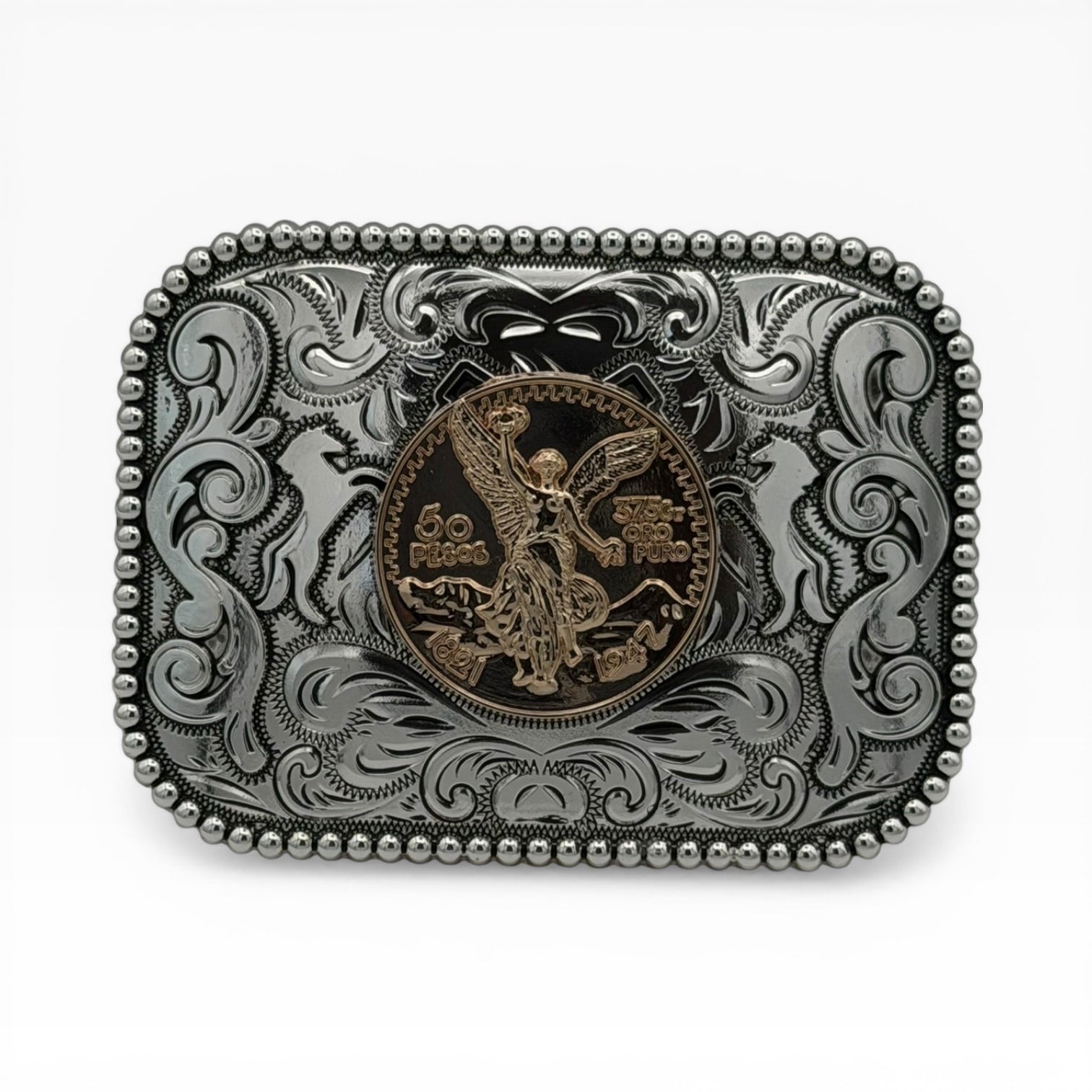 Silver buckle with gold-tone 50 Pesos Centenario coin replica featuring the winged Angel of Independence.