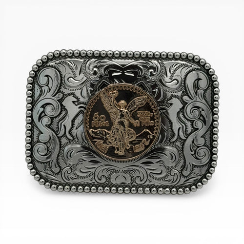 Silver buckle with gold-tone 50 Pesos Centenario coin replica featuring the winged Angel of Independence.