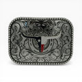 Silver Texas Longhorn Horseshoe buckle with a flag-colored skull, crossed pistols, scrollwork, and a beaded border.